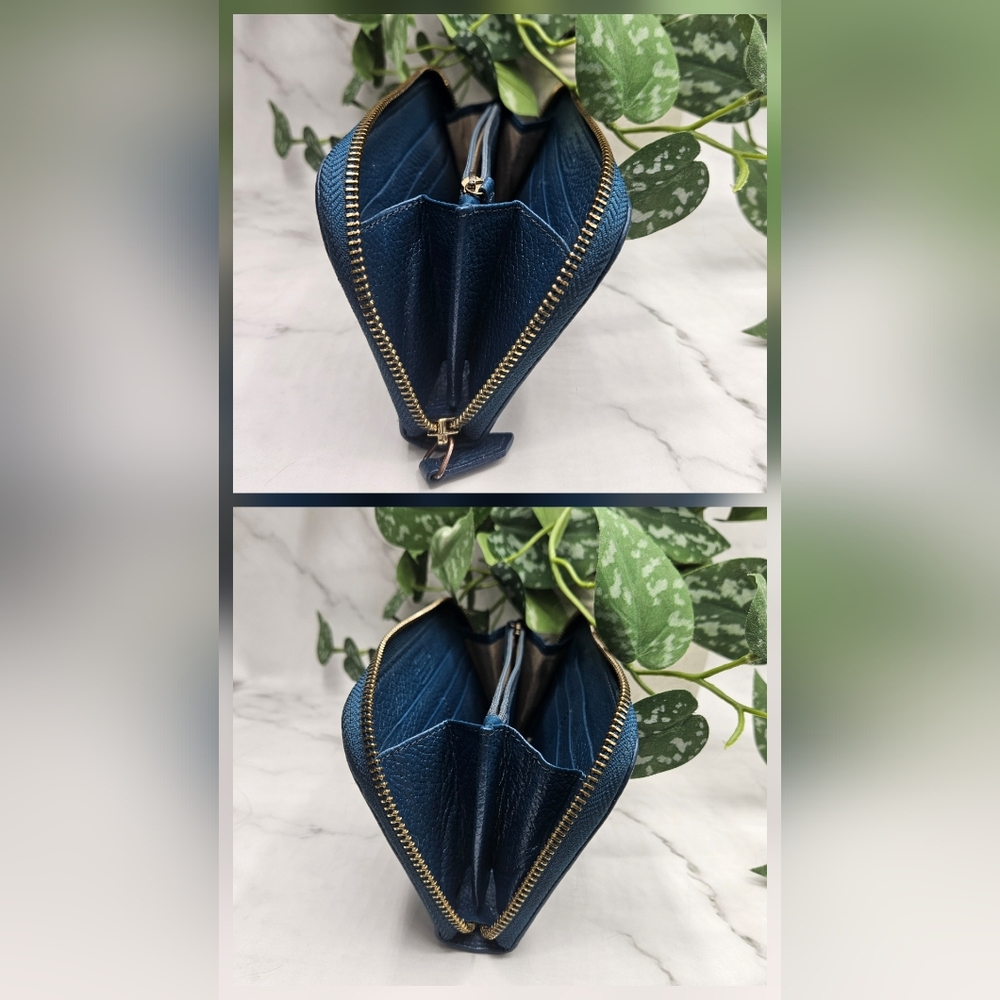 Versace Collection Medusa Blue gold Leather zip around Wallet 1 zippered pocket - Picture 8 of 10